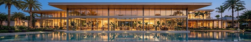 Modern clubhouse overlooking a swimming pool